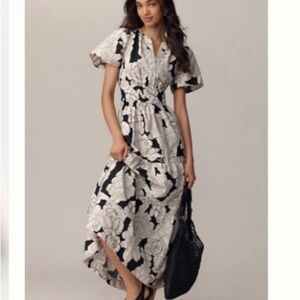 Anthropologie Somerset Tiered Maxi Dress Cotton Black White Peonies Floral PXL